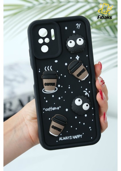 Xiaomi Redmi Note 10/10S Uyumlu Kamera Korumalı Coffee Kurabiye Figürlü Siyah Yumuşak Silikon Kapak