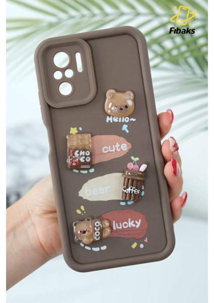 Xiaomi Redmi Note 10/10S Uyumlu Kılıf Tasarımlı Desenli Kamera Korumalı Ayıcık Kahve Renkli Yumuşak Kapak