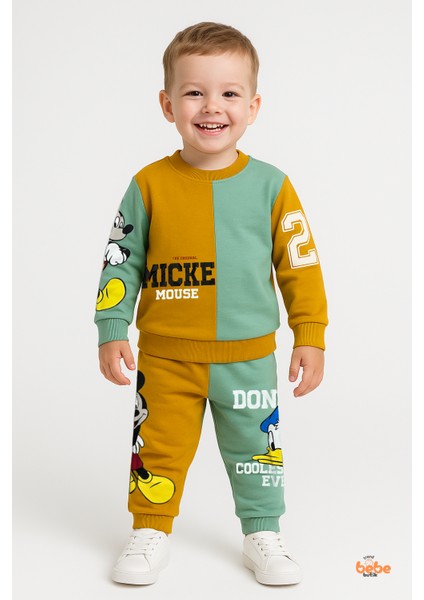 Mickey Mouse & Donald Duck Baskılı Erkek Çocuk Eşofman Takımı Pamuklu Rahat Günlük Spor Kıyafet