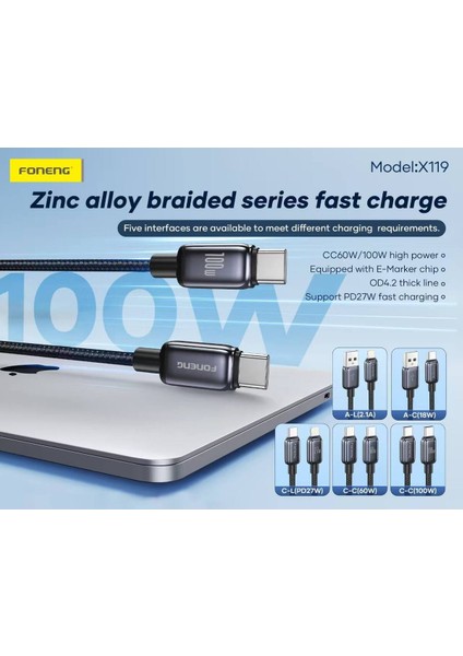 Type-C 100W 1 Metre Foneng Hızlı Şarj Kablosu Samsung Xiaomi Huawei Oppo Realme Tecno Honor Apple iPhone 15 16 Plus Pro Max modelleri
