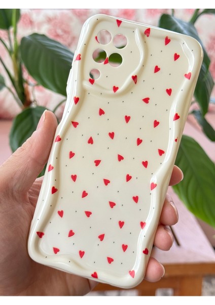 Samsung Galaxy A12 - M12 Kılıf Kamera Korumalı Dalga Kenarlı Kırmızı Kalp Desenli Silikon Kapak fiyatları