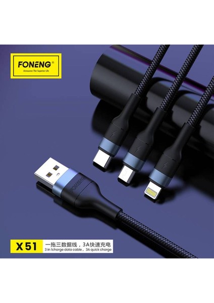 3in1 Type-C iPhone 3 Amper 1.2 M Foneng Hızlı Şarj Kablosu Huawei Xiaomi Samsung Oppo Honor Realme Apple iPhone