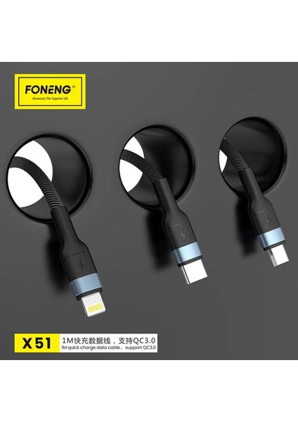 3in1 Type-C iPhone 3 Amper 1.2 M Foneng Hızlı Şarj Kablosu Huawei Xiaomi Samsung Oppo Honor Realme Apple iPhone modelleri