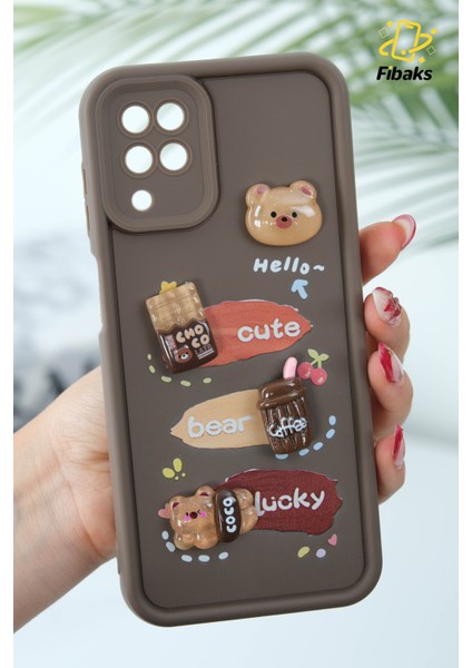 Samsung Galaxy A12/M12 Kılıf Tasarımlı Desenli Kamera Korumalı Ayıcık Kahve Renkli Yumuşak Silikon