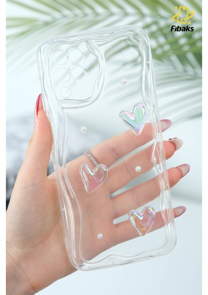 Samsung Galaxy A12/M12 Kılıf 3D Kalpli Inci Tasarımlı Desenli Kamera Korumalı Şeffaf Silikon Kapak