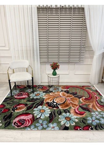 Yeşil Çiçek Desenli Floral Lateks Taban Halı