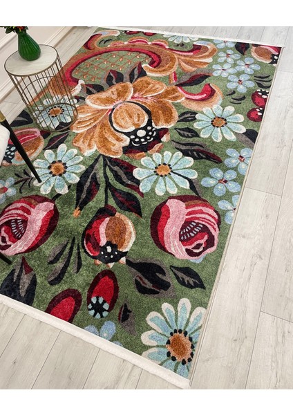 Yeşil Çiçek Desenli Floral Lateks Taban Halı fiyatları