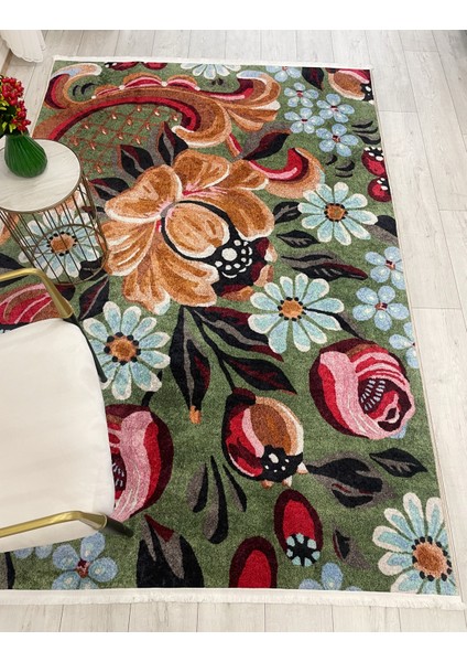 Yeşil Çiçek Desenli Floral Lateks Taban Halı fırsatları