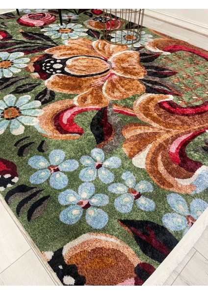 Yeşil Çiçek Desenli Floral Lateks Taban Halı indirimleri