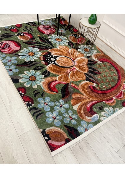 Yeşil Çiçek Desenli Floral Lateks Taban Halı