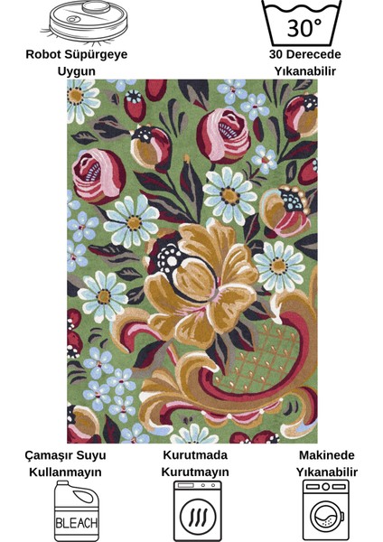 Yeşil Çiçek Desenli Floral Lateks Taban Halı