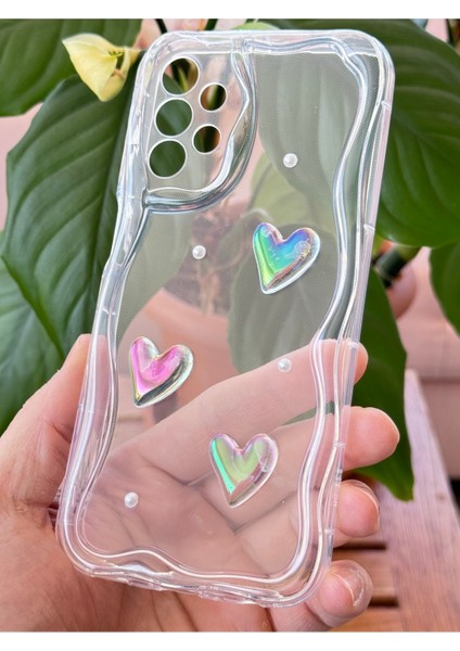 Samsung Galaxy A32 Kılıf 3D Kalpli Inci Tasarımlı Desenli Kamera Korumalı Şeffaf Silikon Kapak