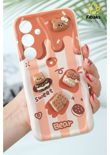 Samsung Galaxy A24 Uyumlu Kılıf Tasarımlı Desenli Kamera Korumalı Ayıcık Bisküvi Renkli Cofffe Silikon Kapak