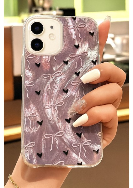 iPhone 11 Kılıf Hologramlı Siyah Kalp Mor Fiyonk Desenli Darbe Emici Kamera Korumalı Silikon