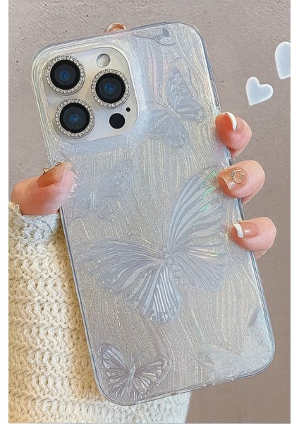 iPhone 13/14/15 Kılıf Hologramlı Gümüş Simli Kelebek Desenli Darbe Emici Kamera Korumalı Silikon fiyatları