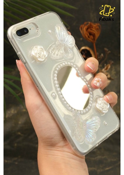 Apple iPhone 7/8 Plus Kılıf 3D Kelebek Gül Desenli Aynalı Simli Şeffaf Tasarımlı Silikon Kapak