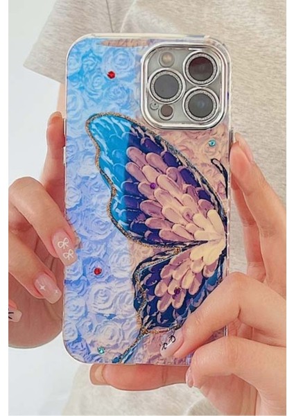 iPhone 11 Kılıf Renk Geçişli Taşlı Kamera Lens Korumalı Simli Mor Kelebek Desenli Darbe Emici fiyatları