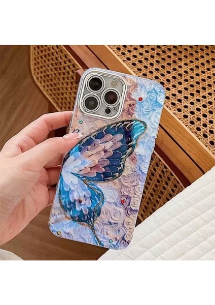 iPhone 11 Kılıf Renk Geçişli Taşlı Kamera Lens Korumalı Simli Mor Kelebek Desenli Darbe Emici modelleri