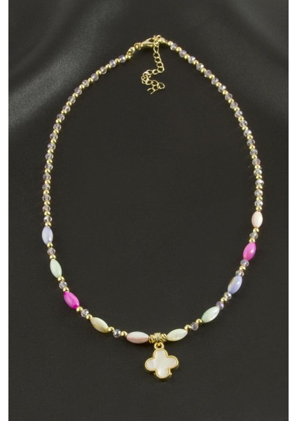 Allzey Çiçek Sedef Cam Boncuk Kristal Kolye-Sarı