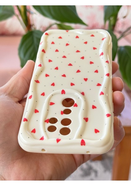 Xiaomi Redmi Note 8 Pro Kılıf Kamera Korumalı Dalga Kenarlı Kırmızı Kalp Desenli Silikon Kapak