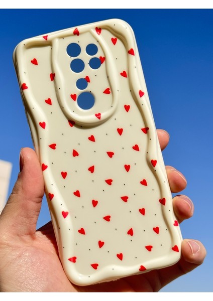 Xiaomi Redmi Note 8 Pro Kılıf Kamera Korumalı Dalga Kenarlı Kırmızı Kalp Desenli Silikon Kapak