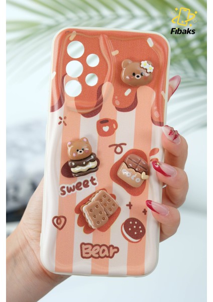 Samsung Galaxy A32 Uyumlu Kılıf Tasarımlı Desenli Kamera Korumalı Ayıcık Bisküvi Renkli Cofffe Silikon Kapak