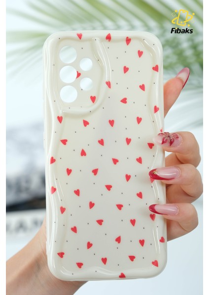Samsung Galaxy A32 Kılıf Kamera Korumalı Dalga Kenarlı Kırmızı Kalp Desenli Silikon Kapak