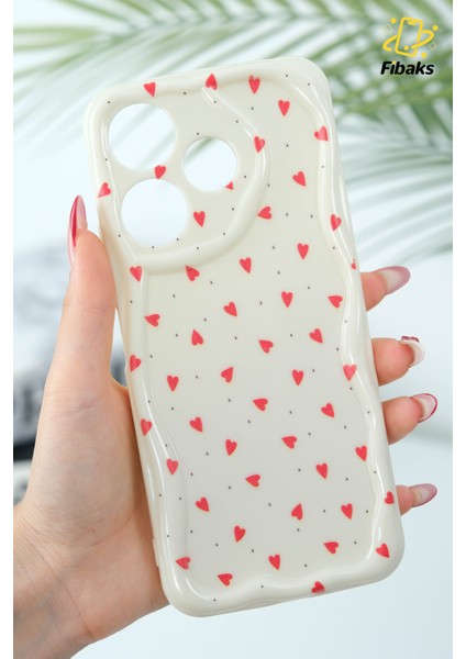 Xiaomi Redmi 13 4g Kılıf Kamera Korumalı Dalga Kenarlı Kırmızı Kalp Desenli Silikon Kapak