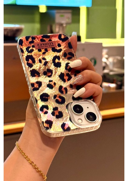 iPhone 13/14/15 Kılıf Hologramlı Kırmızı Leopar Desenli Darbe Emici Kamera Korumalı Silikon modelleri