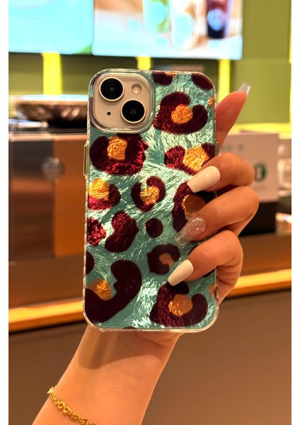 iPhone 13/14/15 Kılıf Hologramlı Mavi Leopar Desenli Darbe Emici Kamera Korumalı Silikon