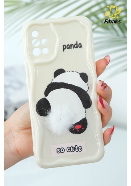 Samsung Galaxy A51 Uyumlu Kılıf Tasarımlı Desenli Kamera Korumalı Panda Beyaz Püsküllü Silikon Kapak