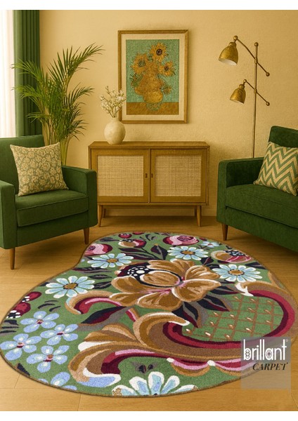 Yeşil Çiçek Desenli Floral Lateks Taban Oval Halı