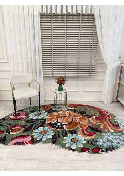 Yeşil Çiçek Desenli Floral Lateks Taban Oval Halı fiyatları