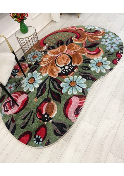 Yeşil Çiçek Desenli Floral Lateks Taban Oval Halı indirimleri