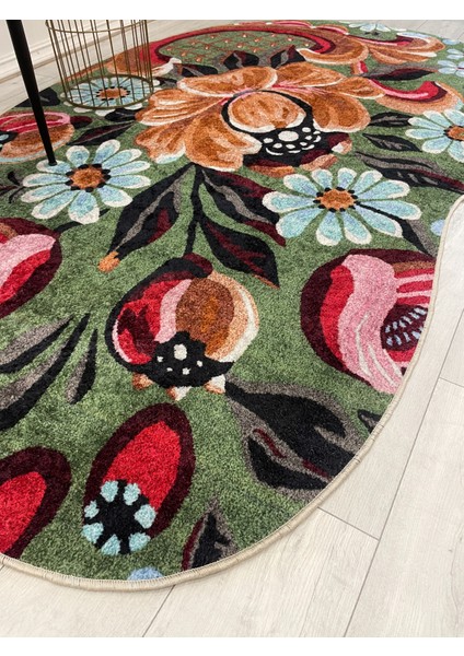 Yeşil Çiçek Desenli Floral Lateks Taban Oval Halı
