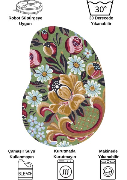 Yeşil Çiçek Desenli Floral Lateks Taban Oval Halı