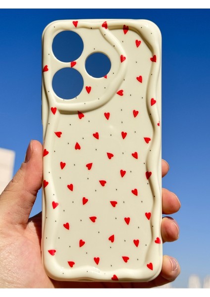 Xiaomi Redmi 13 4g Kılıf Kamera Korumalı Dalga Kenarlı Kırmızı Kalp Desenli Silikon Kapak