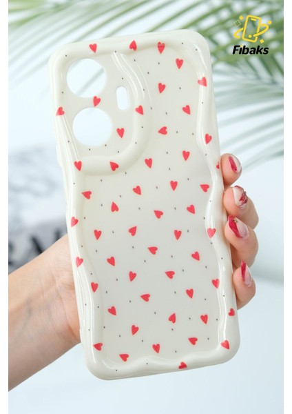 Realme C55 Kılıf Kamera Korumalı Dalga Kenarlı Kırmızı Kalp Desenli Silikon Kapak