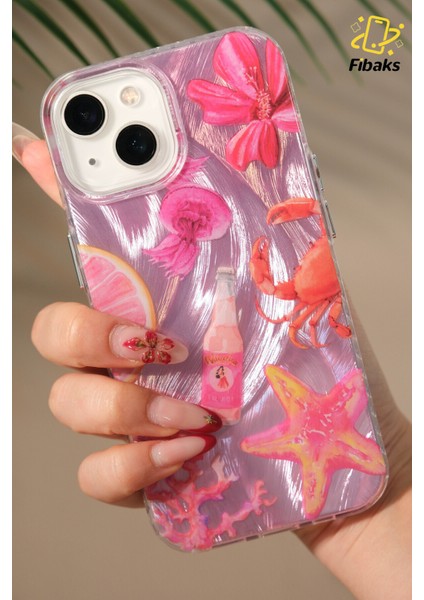 iPhone 13/14/15 Kılıf Hologramlı Pembe Yengeç Mercan Desenli Darbe Emici Kamera Korumalı Silikon fiyatları