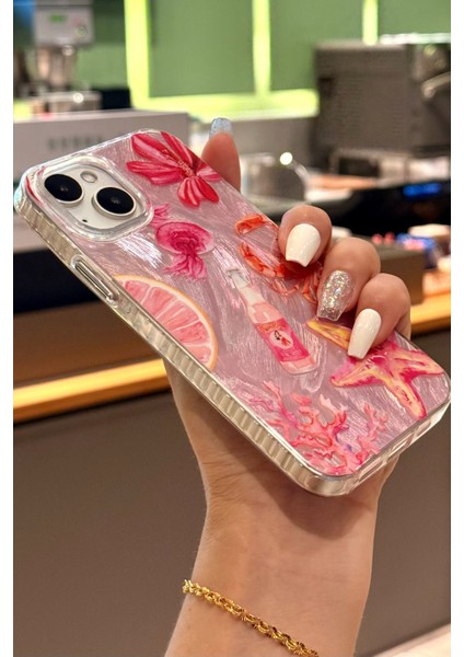 iPhone 13/14/15 Kılıf Hologramlı Pembe Yengeç Mercan Desenli Darbe Emici Kamera Korumalı Silikon modelleri