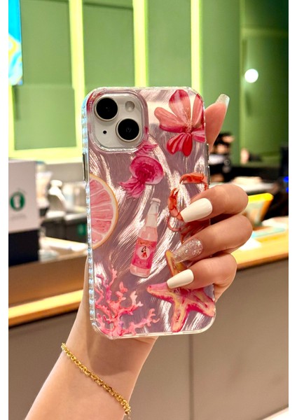 iPhone 13/14/15 Kılıf Hologramlı Pembe Yengeç Mercan Desenli Darbe Emici Kamera Korumalı Silikon fırsatları