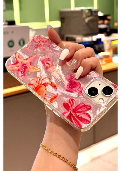 iPhone 13/14/15 Kılıf Hologramlı Pembe Yengeç Mercan Desenli Darbe Emici Kamera Korumalı Silikon indirimleri