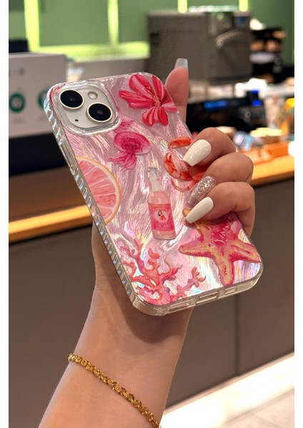 iPhone 13/14/15 Kılıf Hologramlı Pembe Yengeç Mercan Desenli Darbe Emici Kamera Korumalı Silikon