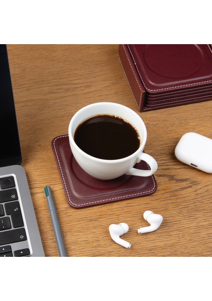 Bardak Altlığı,6’lı Set,masaüstü Yuvarlak Cup Coaster,vegan Suni DERI,11X11 Cm.,bordo