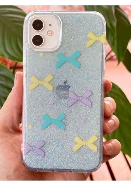 Apple iPhone 11 Uyumlu Kılıf Mavi Simli Renkli Fiyonk Desenli Parlak Darbe Emici Kapak modelleri