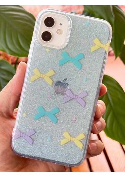 Apple iPhone 11 Uyumlu Kılıf Mavi Simli Renkli Fiyonk Desenli Parlak Darbe Emici Kapak fırsatları