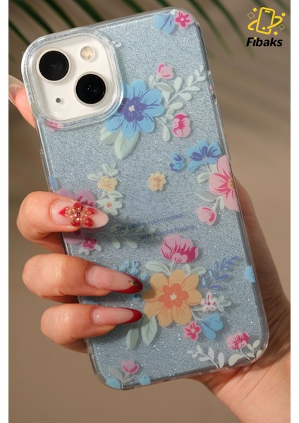 Apple iPhone 13/14 Uyumlu Kılıf Mavi Simli Çiçek Desenli Renkli Parlak Darbe Emici Kapak