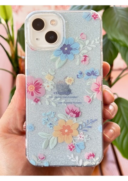 Apple iPhone 13/14 Uyumlu Kılıf Mavi Simli Çiçek Desenli Renkli Parlak Darbe Emici Kapak indirimleri