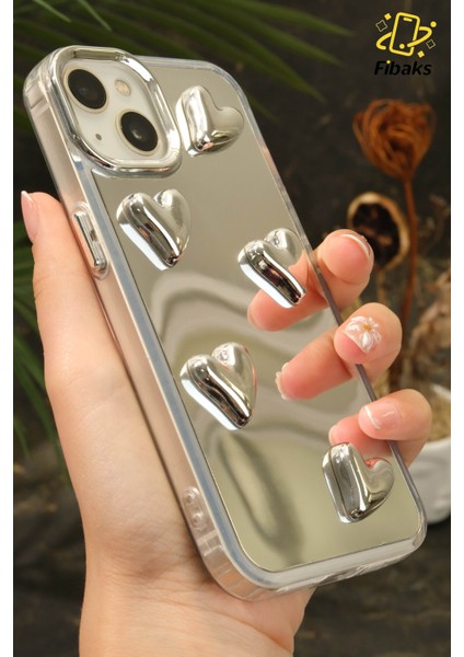 Apple iPhone 15 Uyumlu Kılıf Aynalı Gümüş 3D Kalp Desenli Darbe Emici Silikon Kapak