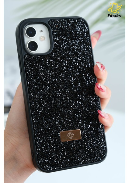 Apple iPhone 11 Uyumlu Kılıf Elmas Tasarımlı Siyah Taşlı Işıltılı Pırlanta Silikon Kapak